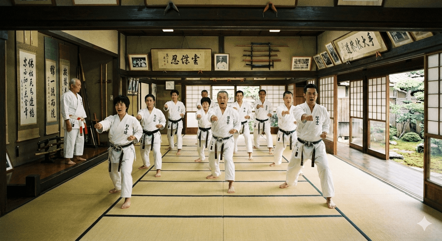 Estudiantes de karate en el dojo practicando